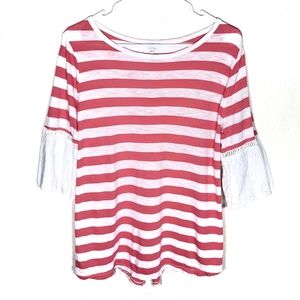 crown & ivy 3/4 length sleeve blouse flutter pink white horizontal stripe L larg